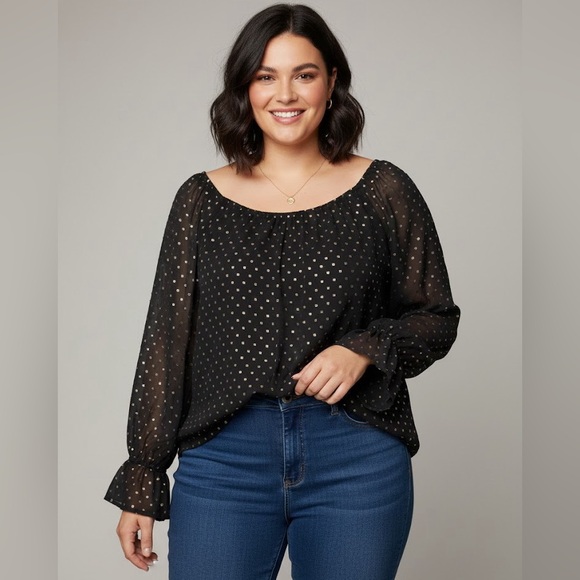 Lane Bryant Tops - Lane Bryant | Black Sheer Gold Polka Dot Blouse - 22/24